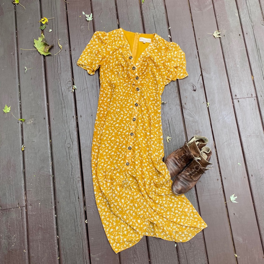Philosophy goldenrod yellow flowered midi dress M